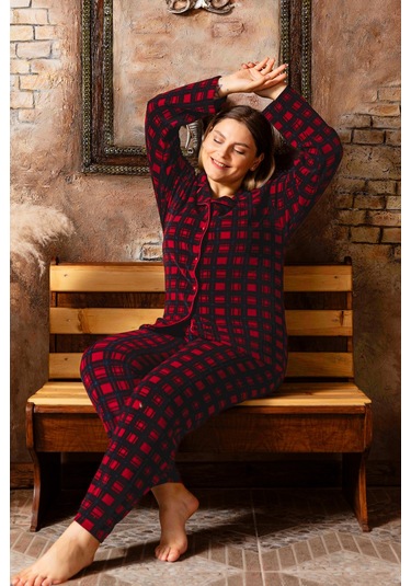 Nisanca Büyük Beden Kışlık Düğmeli Gömlek Pijama Takımı Bordo