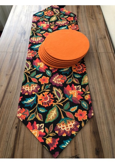 Çiçekli Şal Desenli Runner & Turuncu Supla Çok Renkli