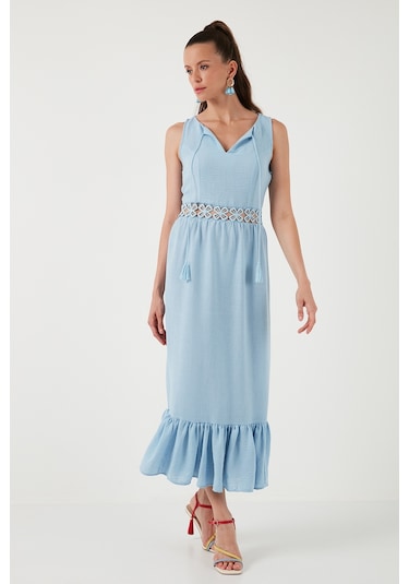 Lela Regular Fit Volanlı Kolsuz Midi Bayan Elbise 611El574 Bebe Mavi
