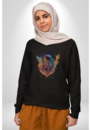 Bulutlar Astronot Uzay Unisex Siyah Baskılı Sweatshirt Siyah