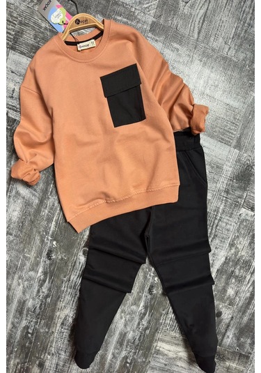 Cep Detaylı Erkek Çocuk Soft Turuncu Renk Eşofman Takım Turuncu