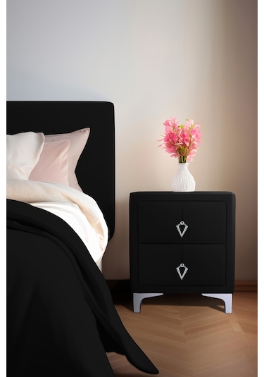 Harmony Silver İki Çekmeceli Komodin- Yatak Odası Kumaş Döşemeli 2 Kapaklı Komodin Modeli Siyah