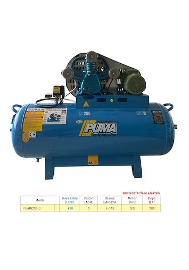 Puma PE40-200-3 200 L 3 HP 3 Piston 380 V Döküm Kafa Yağlı Hava Kompresörü