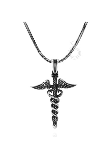 925 Ayar Gümüş Caduceus Tıp Sağlık Sembolü Erkek Kolye Gümüş