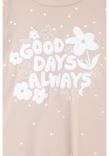 Luess Kız Çocuk %100 Pamuklu Kabartma Baskılı Alt Üst Pijama Takımı - Bej 3-4 Yaş 8-9 Yaş Bej