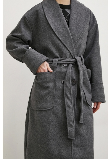 Kuşaklı Şal Yaka Kaban Antrasit