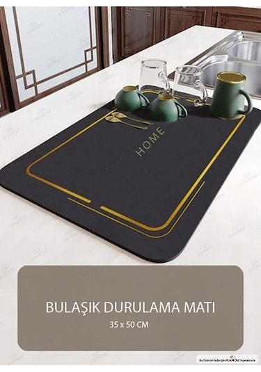 1 Adet - Siyah 35x50cm Bulaşık Matı, Kurulama Matı, Tezgah Üstü Mat, Su Emen Mat, Lavabo Paspası