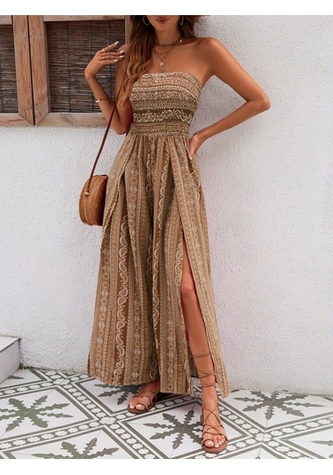 Kadın Yakası Gipe Detaylı Önden Yırtmaç Detaylı Desenli Süprem Pantolon Etek Kahve