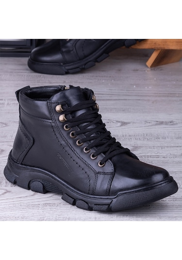 Ghattix Kotta Kışlık Hakiki Deri Erkek Bot Fermuarlı Siyah Siyah