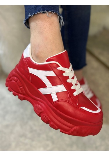 Günlük Kadın Sneaker Kalın Yüksek Taban Bağcıklı Rahat Tiger Şeritli Spor Ayakkabı 032 12 - Kırmızı Beyaz