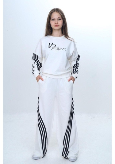 Kız Çocuk %100 Pamuk Şeritli Oversize 2 İplik Alt&üst Eşofman Takımı-305-eşt-0009 Ekru