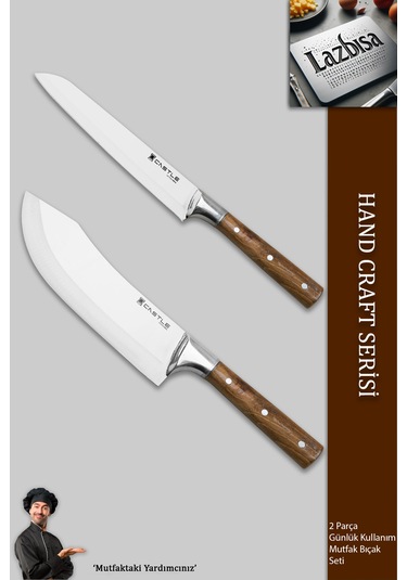 Hand Craft Mutfak Bıçak Seti Et Ekmek Şef Bıçağı 2li Set Mtf-2458 Ahşap