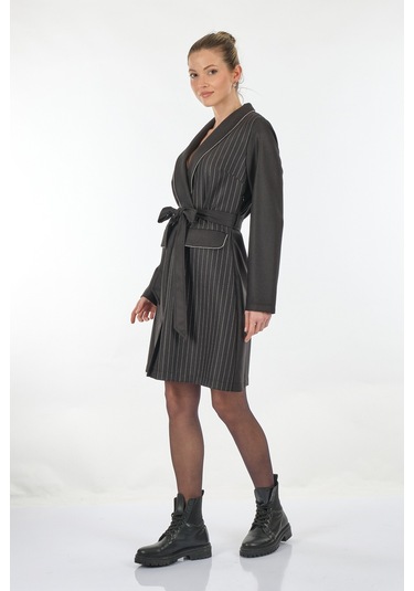 Unique Mode V Yaka Çizgili Uzun Kollu Siyah Kadın Elbise Uw233503 001