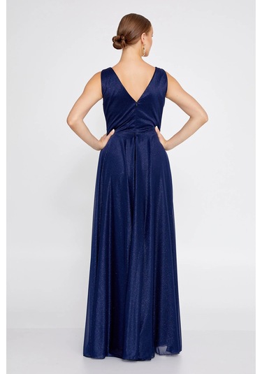 Doridorca Kadın Büyük Beden Sim Detaylı Kolsuz Maxi Abiye Elbise 6111 Lacivert Lacivert