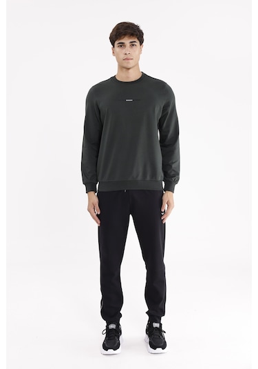 Rowinger Minimal Göğüs İşlemeli Rahat Kalıp Esnek Manşetli Mevsimlik Bisiklet Yaka Sweatshirt Haki