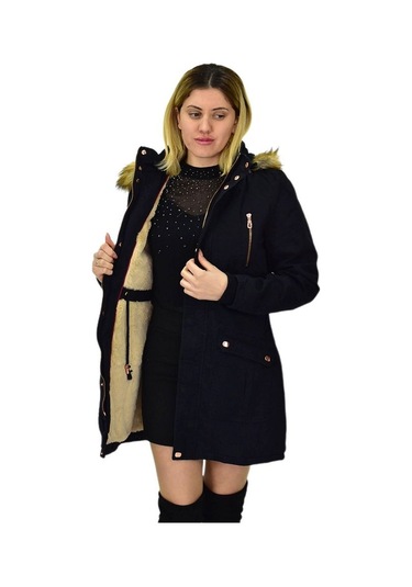 Büyük Beden Çıkarılabilir Kapüşonlu Kürk Astarlı Kadın Gabardin Kaban Siyah