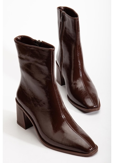 Kahverengi Kadın Kalın Topuklu Bot Rugan Küt Burun Yüzüdüz-4256 Kahve