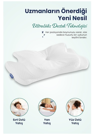 Ulralüks Boyun Destekli Visco Ortopedik Yastık - 68x39x13-11cm Beyaz