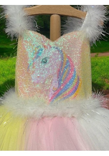 Kız Çocuk Unicorn Etekleri Gökkuşağı Tarlantanlı Abiye Elbise-15466 Çok Renkli