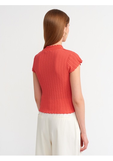 Dilvin Dik Yaka Transparan Triko Bluz Kırmızı