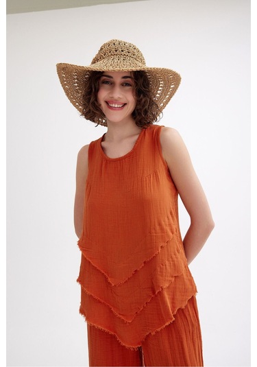 Pamuk Müslin Üçgen Bluz - Şık Ve Rahat Yaz Tasarımı Kiremit