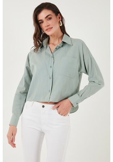 Lela Pamuk Ve Keten Karışımlı Regular Fit Önü Kısa Arkası Uzun Bayan Gömlek 6772867 Çağla