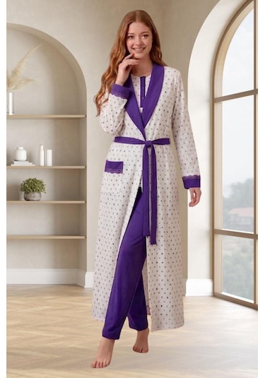 Mecit Pijama Mecit 6358 Mor Kadın Uzun Sabahlıklı Pijama Takımı