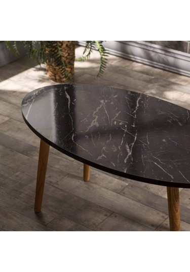 Orta Sehpa Ahşap Torna Elips Siyah Mermer Desen Çok Renkli