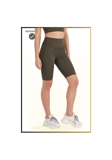 Kadın Haki Yüksek Bel Toparlayıcı Kısa Spor Tayt Biker Şort Basics Casual & Comfort 1070 Haki