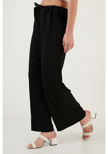 Lela Belden Bağlamalı Rahat Kesim Krinkıl Kuımaş Bayan Pantolon 5862061 Siyah