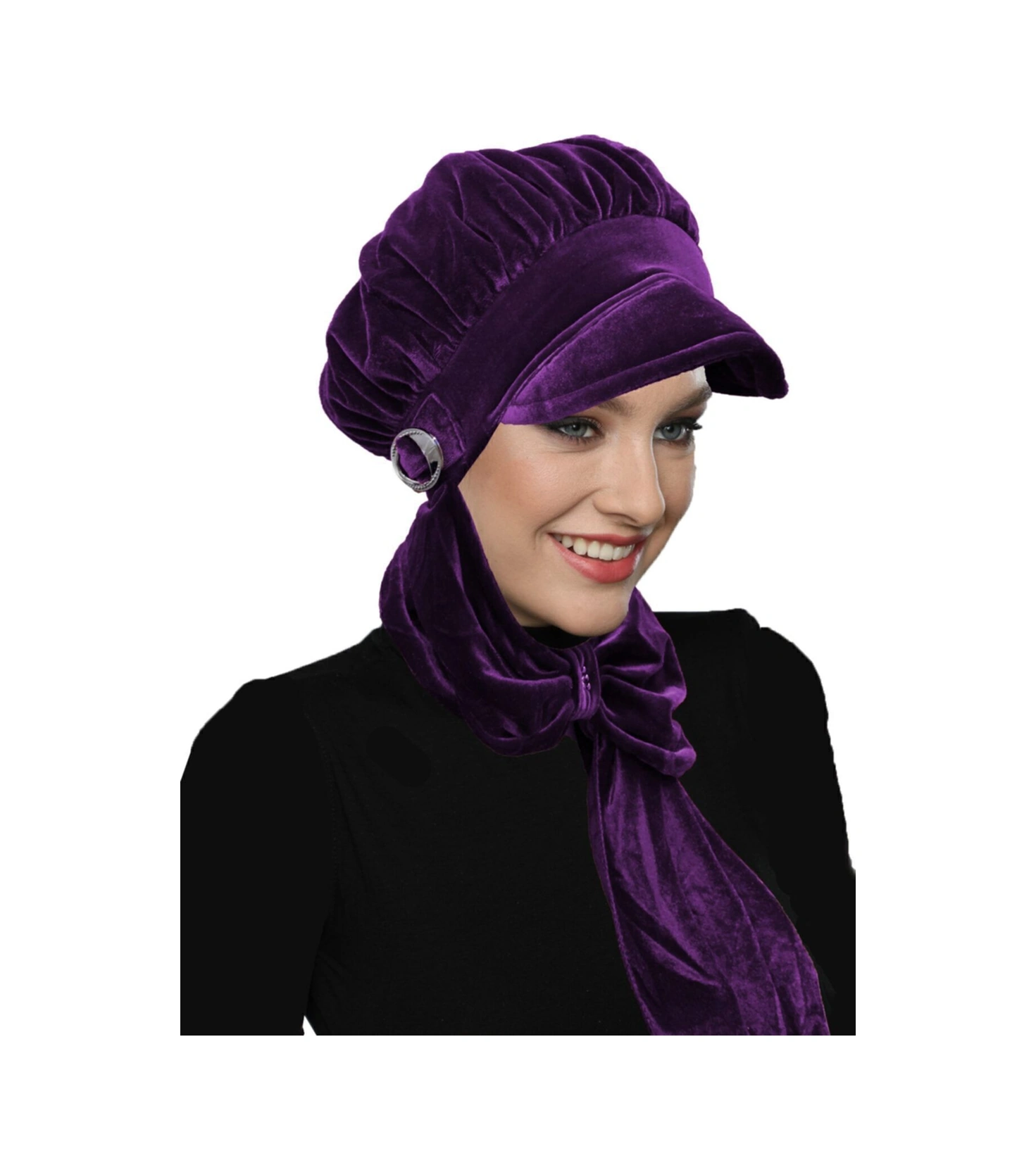 Kadife Şapka Atkılı Toka Detaylı Mor Hazır Türban Tesettür Bone Mor