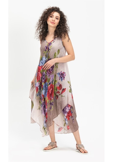 Askılı Vual Afrodit Midi Boy Elbise Gri 6132