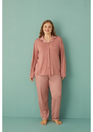 Gd Goldoremi 50851-9 Büyük Beden Kadın Puantiyeli Önden Düğmeli Pijama Takım 001