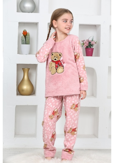 Kız Çocuk Welsoft Kumaş-göz Bantlı Ayıcık Baskılı Pijama Takımı 12293 Gül Kurusu