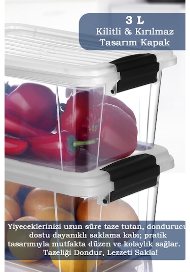 3'lü Set 3l Kilit Kapaklı Erzak Saklama Kabı Difriz Buzdolabı Düzenleyici Un Bakliyat Saklama Kutusu Şeffaf