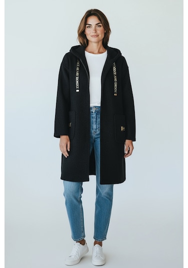 Kadın Üstten Cepli Kapüşonlu Önü Fermuarlı Kaşe Hırka Siyah