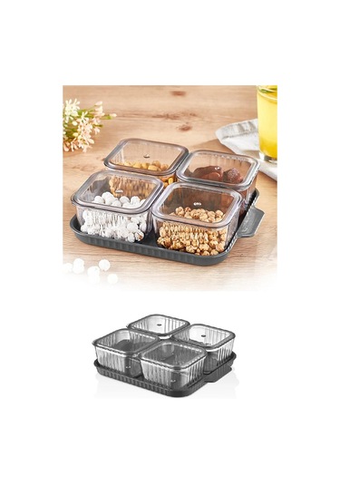 Orsa Home 4 Bölmeli Kapaklı Tepsili Çizgili Desen Lüx Kahvalılık Modern Sunum Seti Ve Saklama Kabı Şeffaf