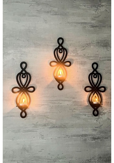 Dekoratif Şık Duvar Rafı 3 Lü Set 30 Cm Duvar Mumluğu Siyah