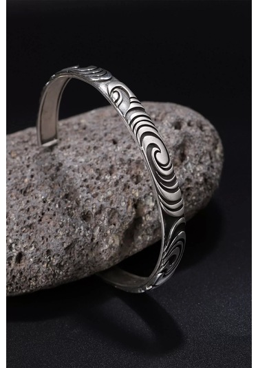 Gümüş 925 Ayar Desenli Kelepçe Bileklik - Silver