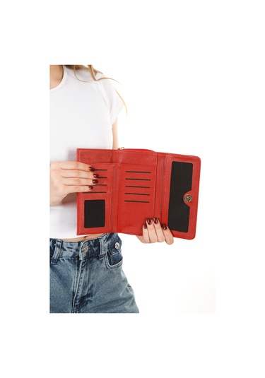Yaşam Çiçeği Baskılı Şans Cüzdanı Kağıt Bozuk Para Ve Kartlık Bölmeli Kırmızı Kadın Cüzdan Kirmizi