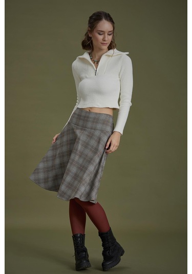 Bohem Tarz Kahve Gri Kareli Kloş Etek 001