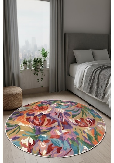 Zeminde Bir Tablo Fırça Dokunuşlu Modern Halı Tasarımı Yuvarlak Kaymaz Taban Renkli