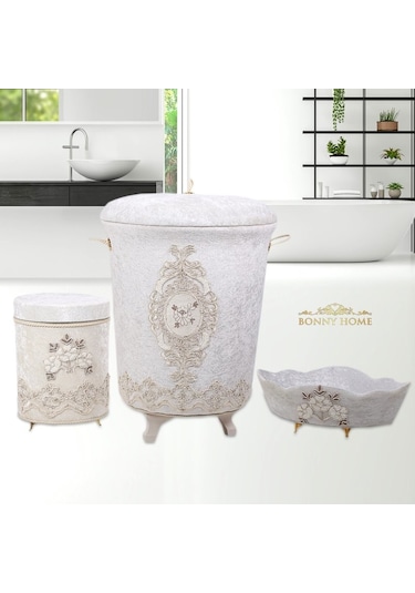 Lisa Krem 3Lü Kadife Banyo Kirli Çamaşır Sepeti Seti Krem