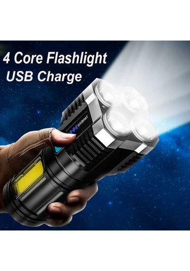 Teltree Dört Led Işık Ve Cob Yan Lambalı Usb Şarjlı El Feneri, Yüksek Parlaklık, 4 Seviye Aydınlatma, Outdoor Ve Ev Kullanıma Uygun Siyah