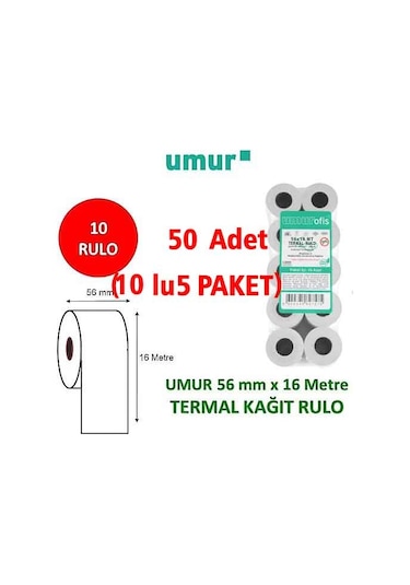 Umur 56x16 Yazar Kasa Pos Rulosu 5 Paket - 50 Adet