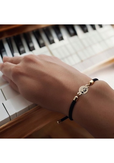 İpek Örgülüli 14 Ayar Altın Plakalı Oval Motifli Panda Sembollü Hediye Bileklik-320sembol-siyah Altın