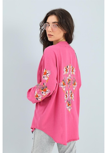 Wpr Kimono Reglan Kol Nakışlı Keten - Fuşya-fuşya Fuşya