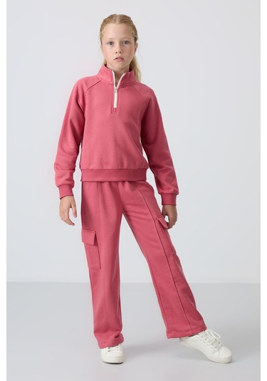 Tommy Life Yaban Gülü Pamuklu İçi Tüylü Yumuşak Dokulu Standart Fit Nakışlı Kız Çocuk Eşofman Takım - 75159 Gül Kurusu