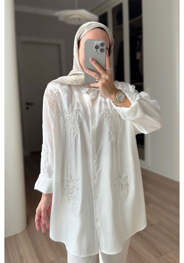 Kahijab Stella Boncuk İşlemeli Gömlek - Beyaz