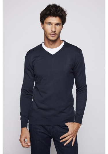 Tudors Slim Fit Dar Kesim V Yaka Tüylenmeyen Yumuşak Doku Lacivert Erkek Kazak-28767-lacivert Lacivert